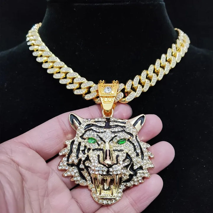 Hip Hop 3D Tiger Pendant Necklace with 13mm Crystal Cuban