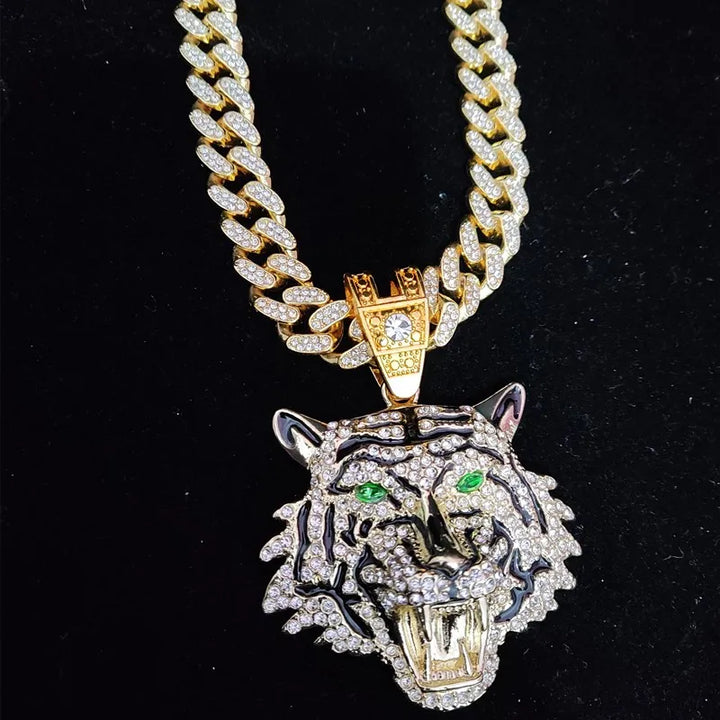 Hip Hop 3D Tiger Pendant Necklace with 13mm Crystal Cuban