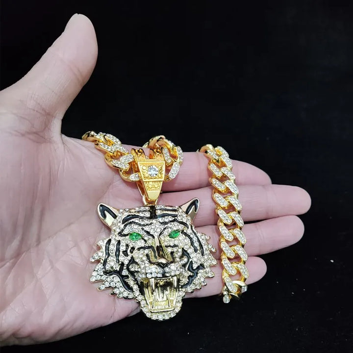 Hip Hop 3D Tiger Pendant Necklace with 13mm Crystal Cuban