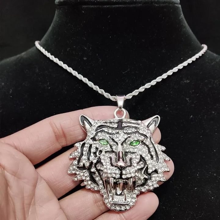 Hip Hop 3D Tiger Pendant Necklace with 13mm Crystal Cuban