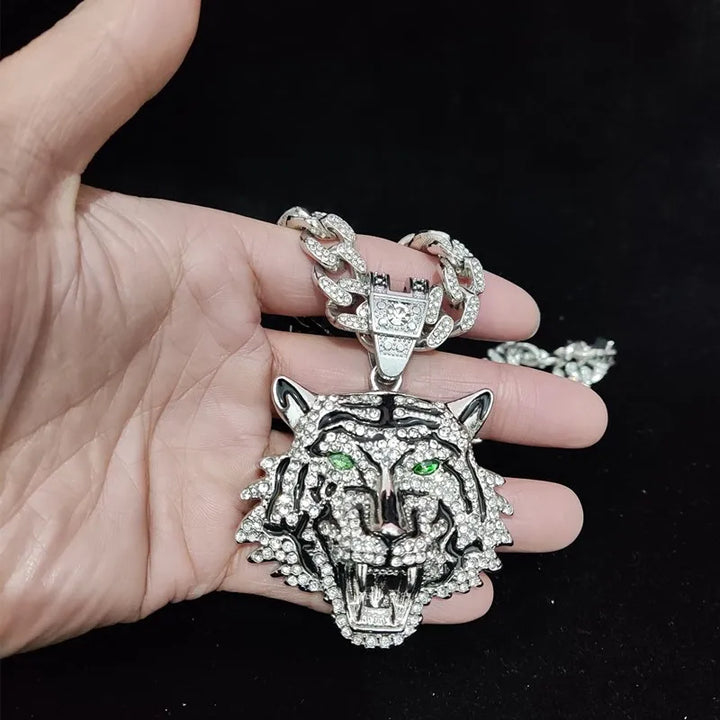 Hip Hop 3D Tiger Pendant Necklace with 13mm Crystal Cuban