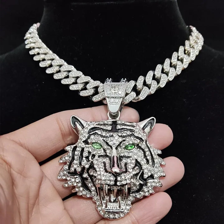 Hip Hop 3D Tiger Pendant Necklace with 13mm Crystal Cuban