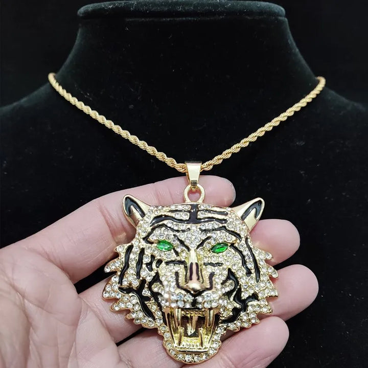 Hip Hop 3D Tiger Pendant Necklace with 13mm Crystal Cuban