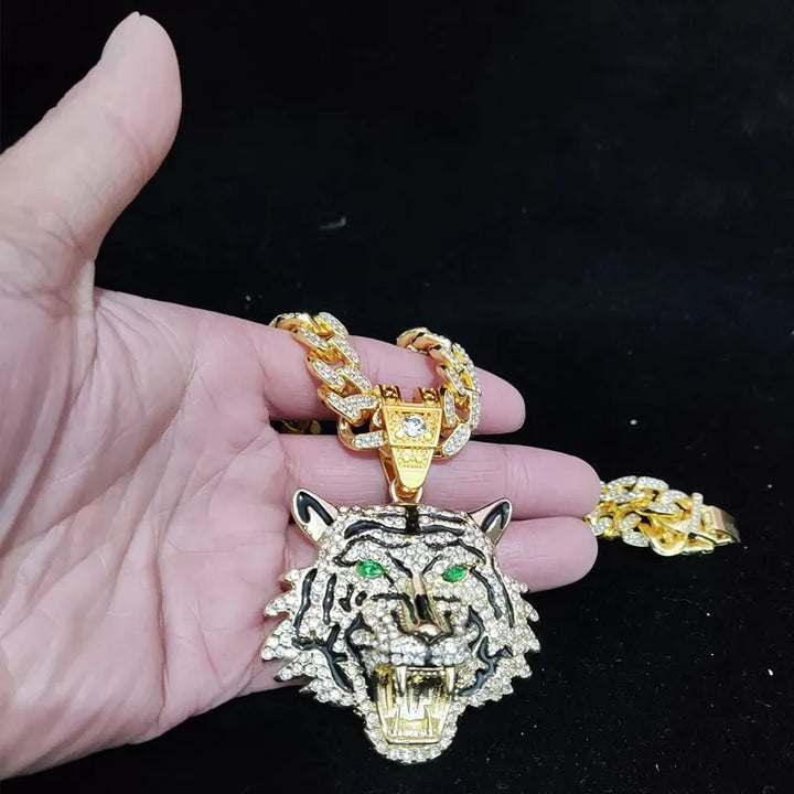 Hip Hop 3D Tiger Pendant Necklace with 13mm Crystal Cuban