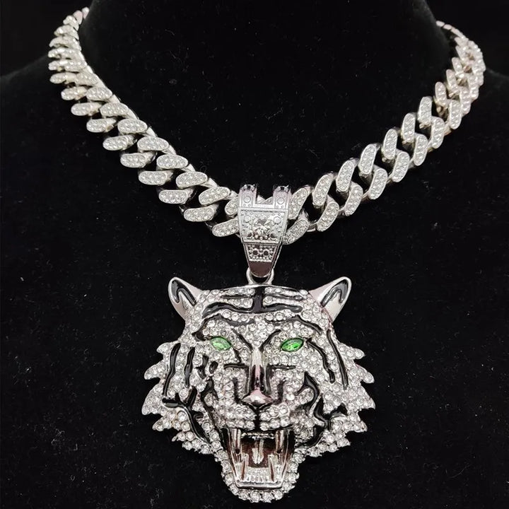 Hip Hop 3D Tiger Pendant Necklace with 13mm Crystal Cuban