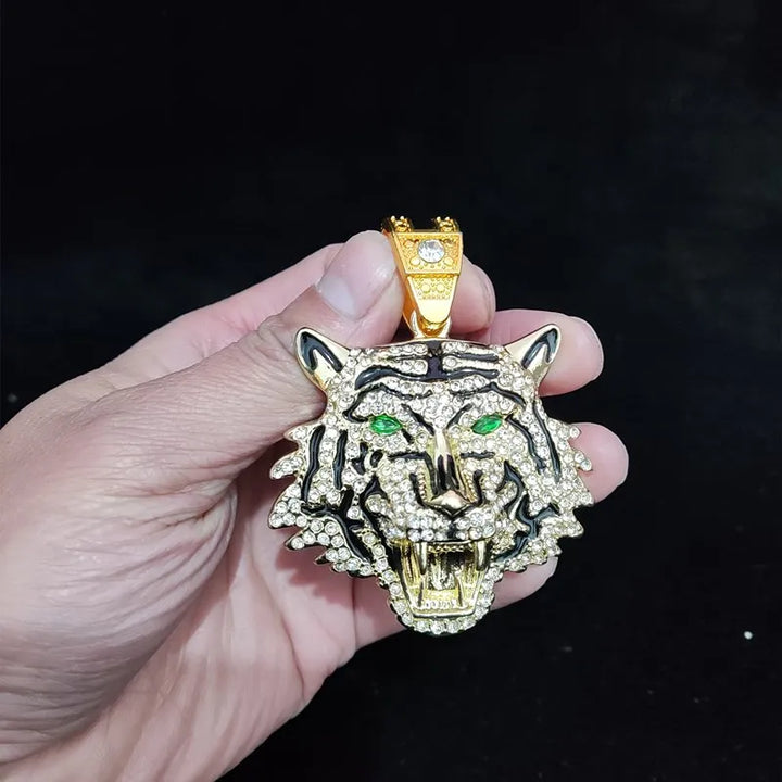 Hip Hop 3D Tiger Pendant Necklace with 13mm Crystal Cuban