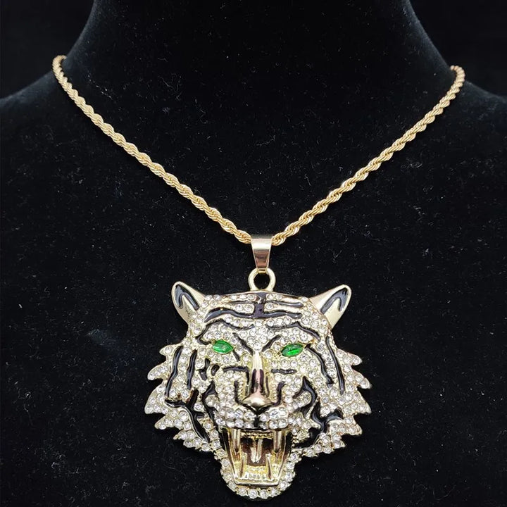 Hip Hop 3D Tiger Pendant Necklace with 13mm Crystal Cuban