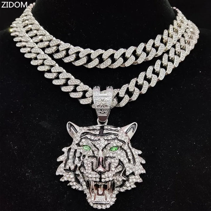 Hip Hop 3D Tiger Pendant Necklace with 13mm Crystal Cuban