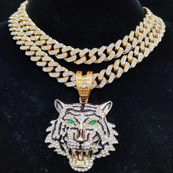 Hip Hop 3D Tiger Pendant Necklace with 13mm Crystal Cuban