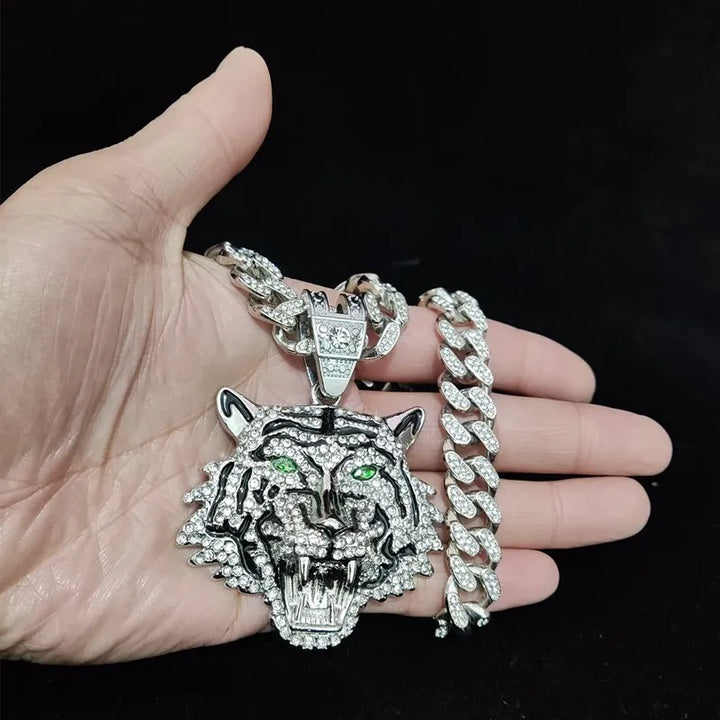 Hip Hop 3D Tiger Pendant Necklace with 13mm Crystal Cuban