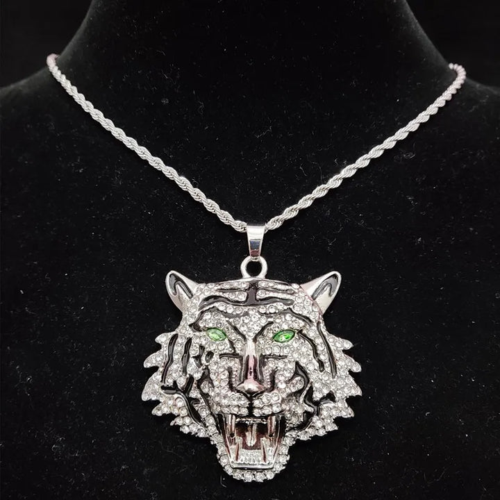 Hip Hop 3D Tiger Pendant Necklace with 13mm Crystal Cuban