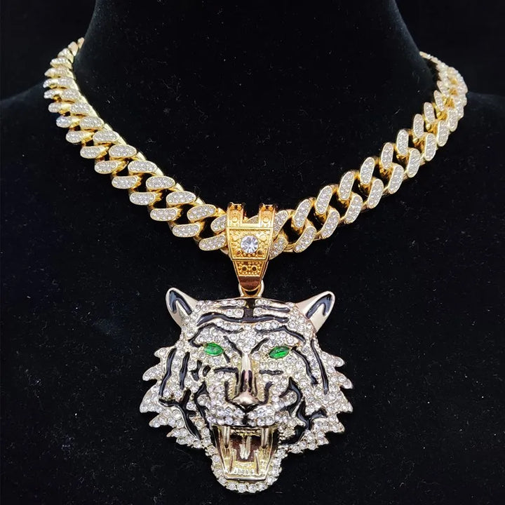 Hip Hop 3D Tiger Pendant Necklace with 13mm Crystal Cuban