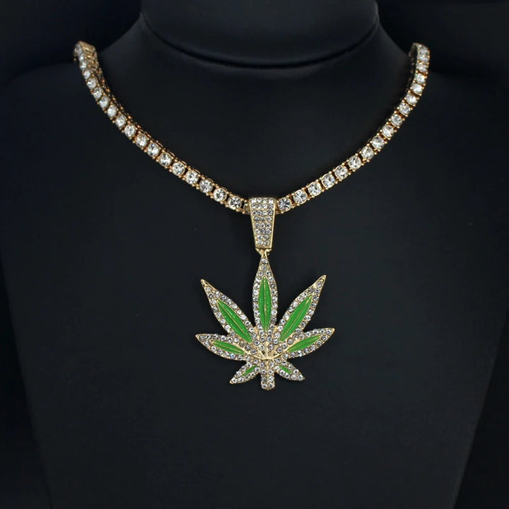 Enamel Rhinestone Maple Leaf Pendant Necklace