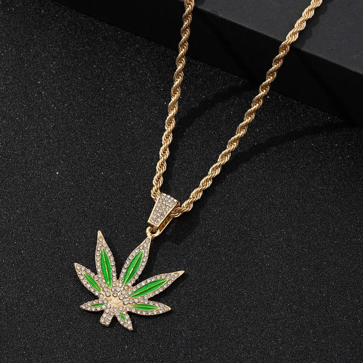 Enamel Rhinestone Maple Leaf Pendant Necklace