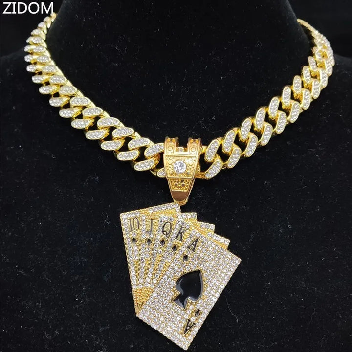 Hip Hop Playing Card Pendant Necklace with Crystal Cuban Chain