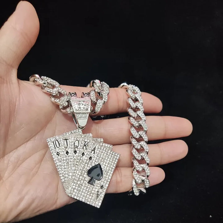 Hip Hop Playing Card Pendant Necklace with Crystal Cuban Chain