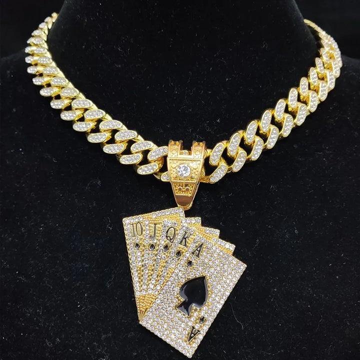 Hip Hop Playing Card Pendant Necklace with Crystal Cuban Chain