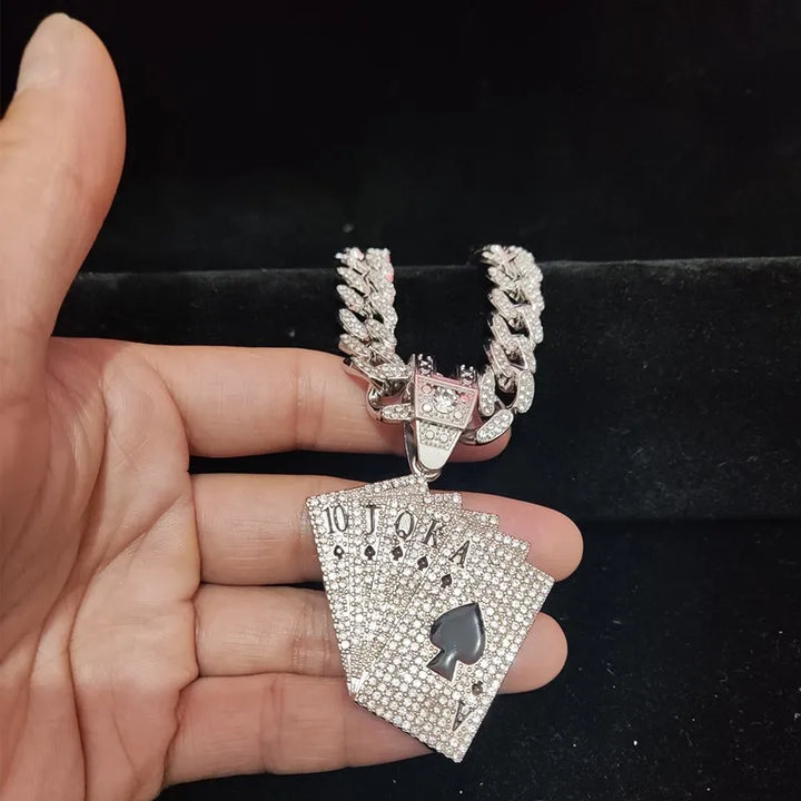 Hip Hop Playing Card Pendant Necklace with Crystal Cuban Chain