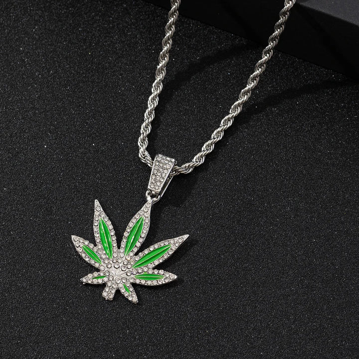 Enamel Rhinestone Maple Leaf Pendant Necklace