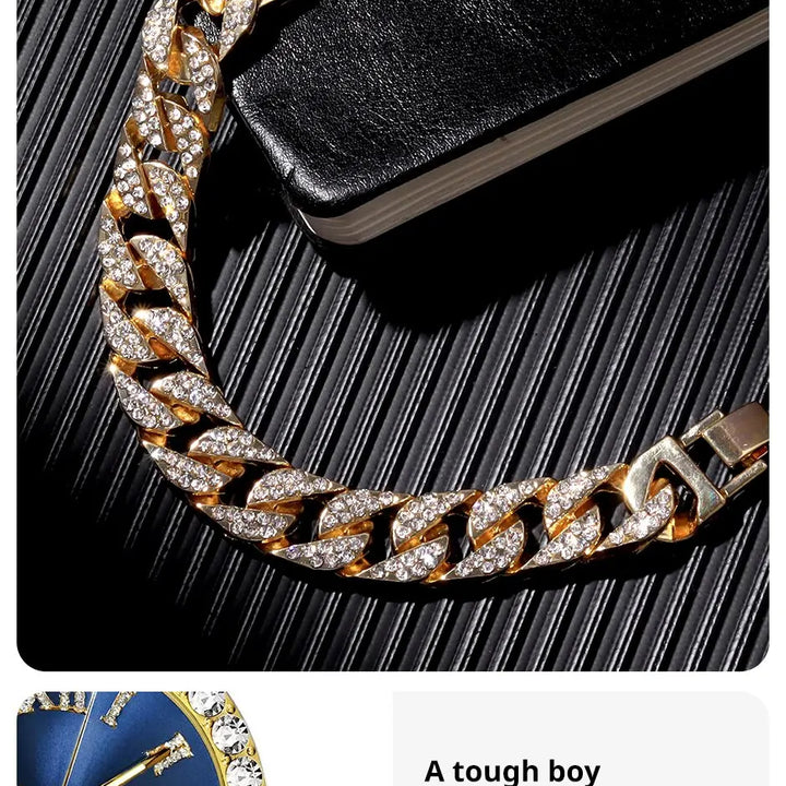 2PCs Fashion Luxury Full Diamond Steel Band Calendar Roman Scale Men's Quartz Watch & Diamond Chain Bracelet Set