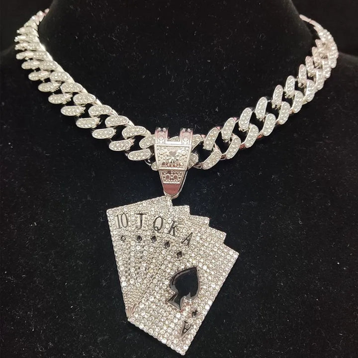 Hip Hop Playing Card Pendant Necklace with Crystal Cuban Chain