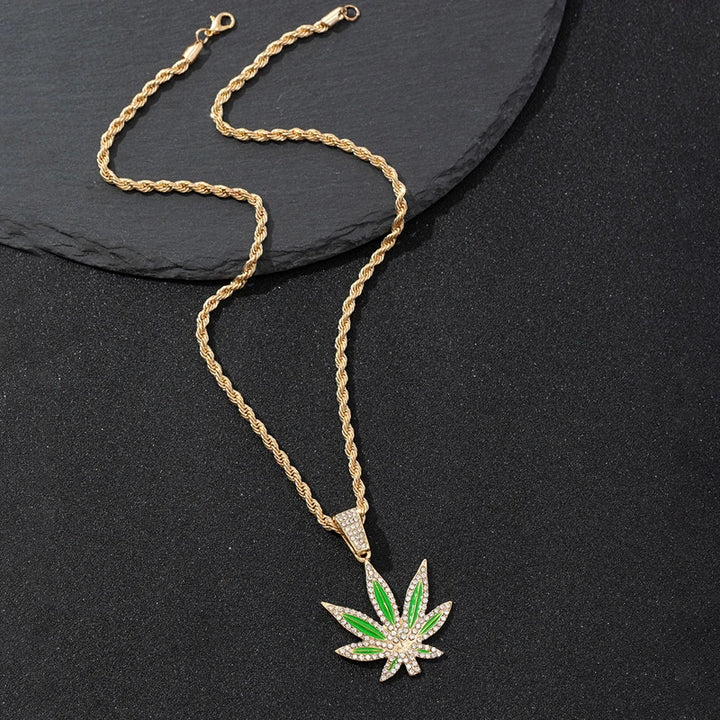 Enamel Rhinestone Maple Leaf Pendant Necklace