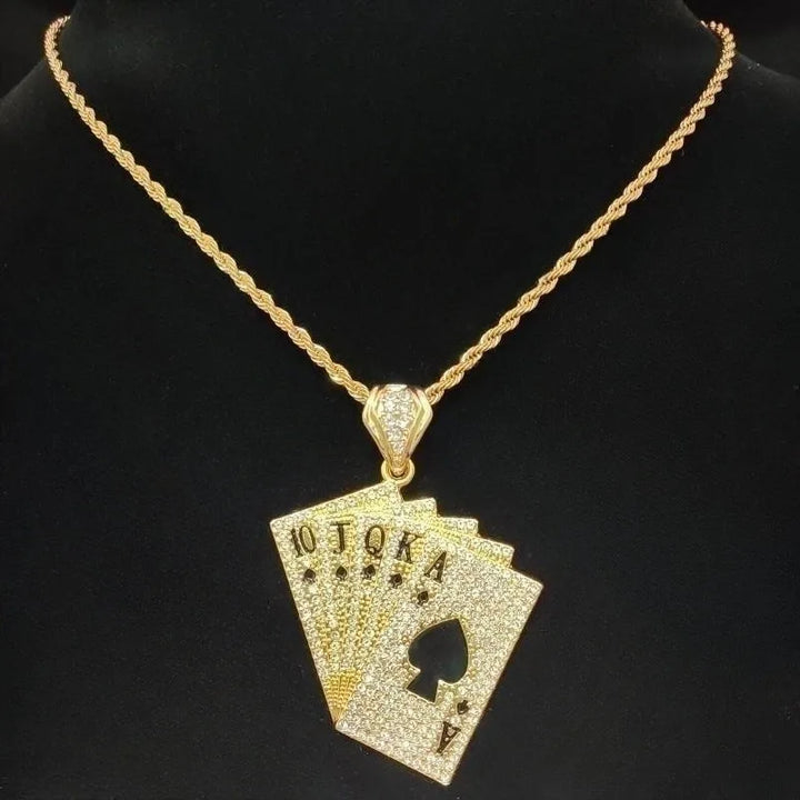 Hip Hop Playing Card Pendant Necklace with Crystal Cuban Chain