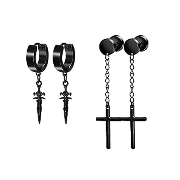 22 Pairs Stainless Steel Black Stud Earrings for Men - Cross Cone Pendant Hoop Earrings Set