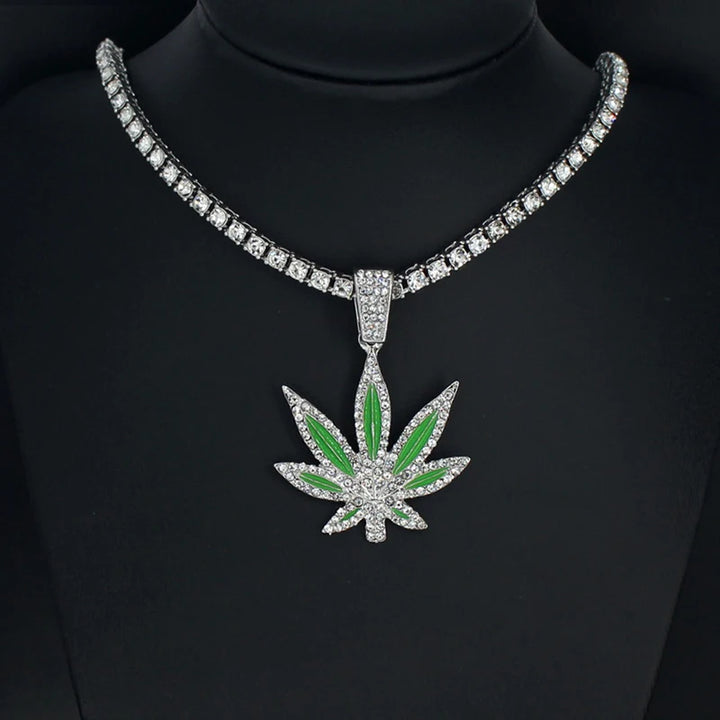 Enamel Rhinestone Maple Leaf Pendant Necklace