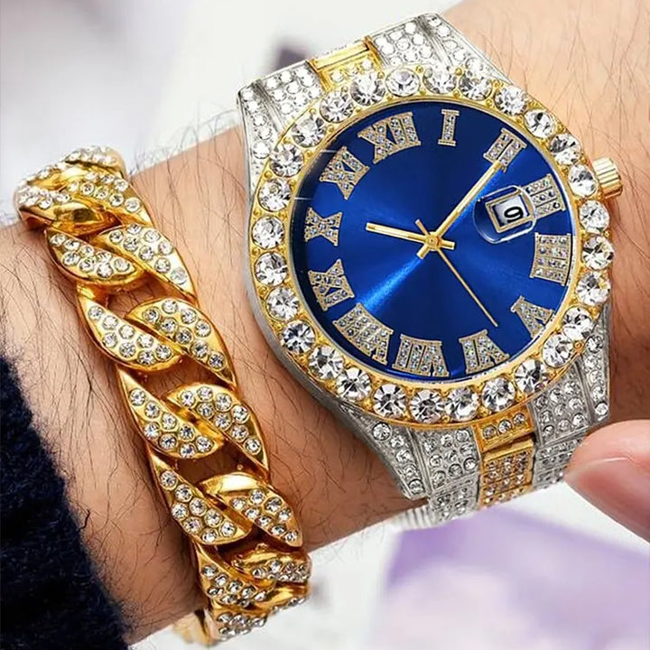 2PCs Fashion Luxury Full Diamond Steel Band Calendar Roman Scale Men's Quartz Watch & Diamond Chain Bracelet Set