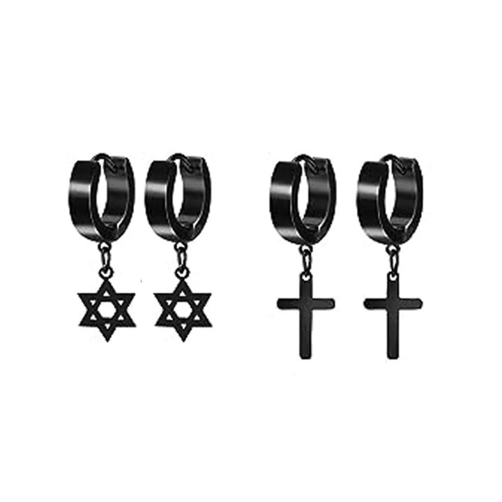 22 Pairs Stainless Steel Black Stud Earrings for Men - Cross Cone Pendant Hoop Earrings Set