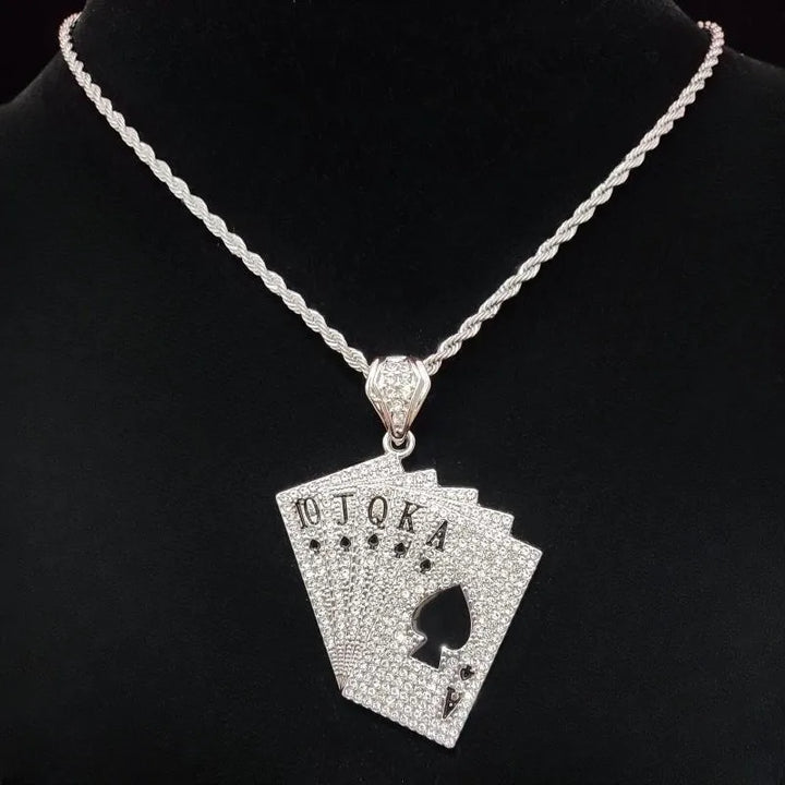 Hip Hop Playing Card Pendant Necklace with Crystal Cuban Chain