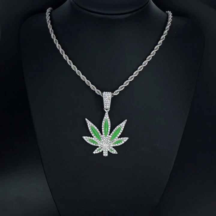 Enamel Rhinestone Maple Leaf Pendant Necklace