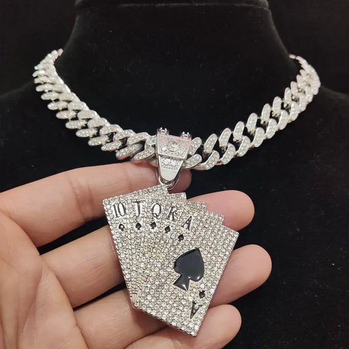 Hip Hop Playing Card Pendant Necklace with Crystal Cuban Chain