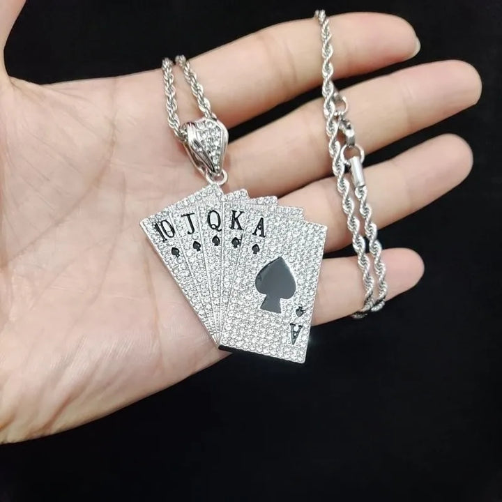 Hip Hop Playing Card Pendant Necklace with Crystal Cuban Chain