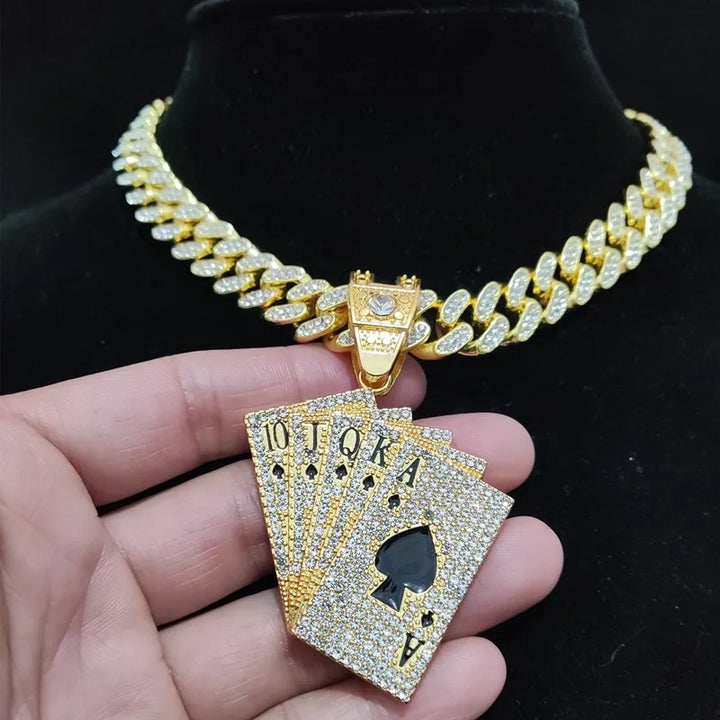 Hip Hop Playing Card Pendant Necklace with Crystal Cuban Chain