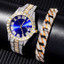 2PCs Fashion Luxury Full Diamond Steel Band Calendar Roman Scale Men's Quartz Watch & Diamond Chain Bracelet Set