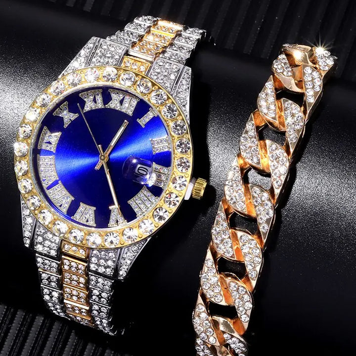 2PCs Fashion Luxury Full Diamond Steel Band Calendar Roman Scale Men's Quartz Watch & Diamond Chain Bracelet Set