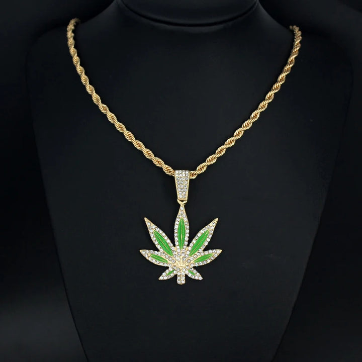 Enamel Rhinestone Maple Leaf Pendant Necklace