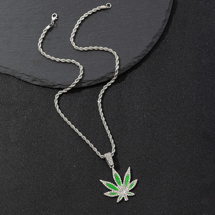 Enamel Rhinestone Maple Leaf Pendant Necklace