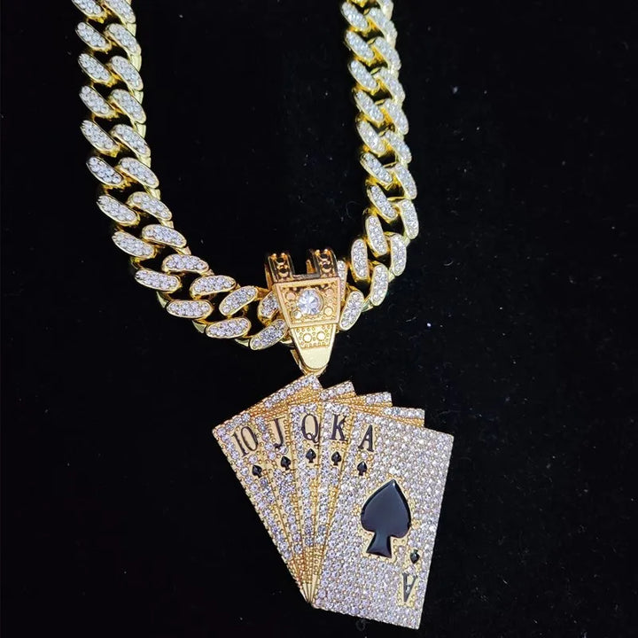 Hip Hop Playing Card Pendant Necklace with Crystal Cuban Chain