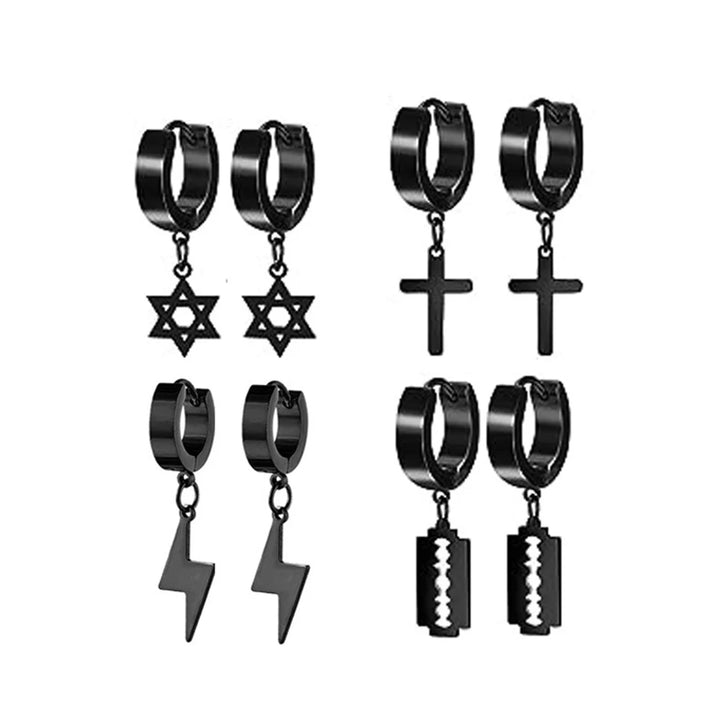 22 Pairs Stainless Steel Black Stud Earrings for Men - Cross Cone Pendant Hoop Earrings Set