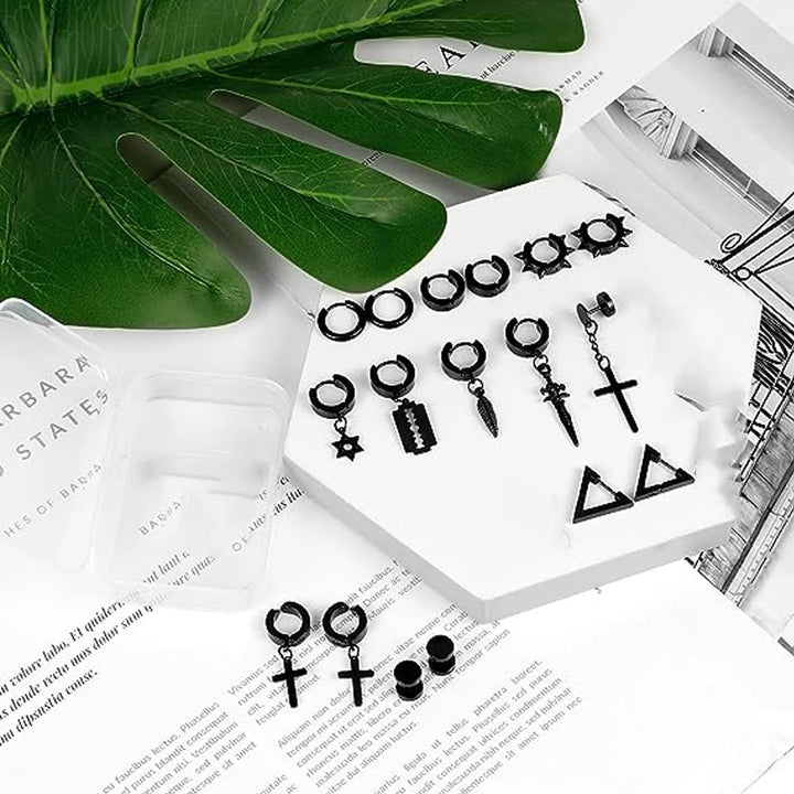 22 Pairs Stainless Steel Black Stud Earrings for Men - Cross Cone Pendant Hoop Earrings Set