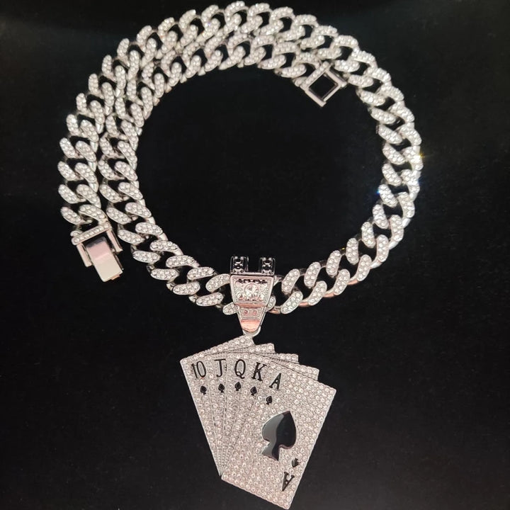 Hip Hop Playing Card Pendant Necklace with Crystal Cuban Chain