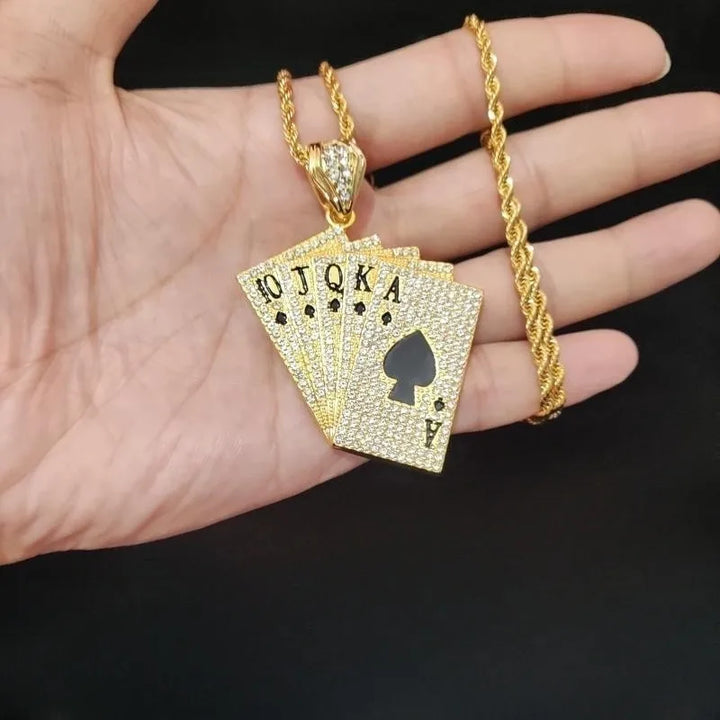 Hip Hop Playing Card Pendant Necklace with Crystal Cuban Chain