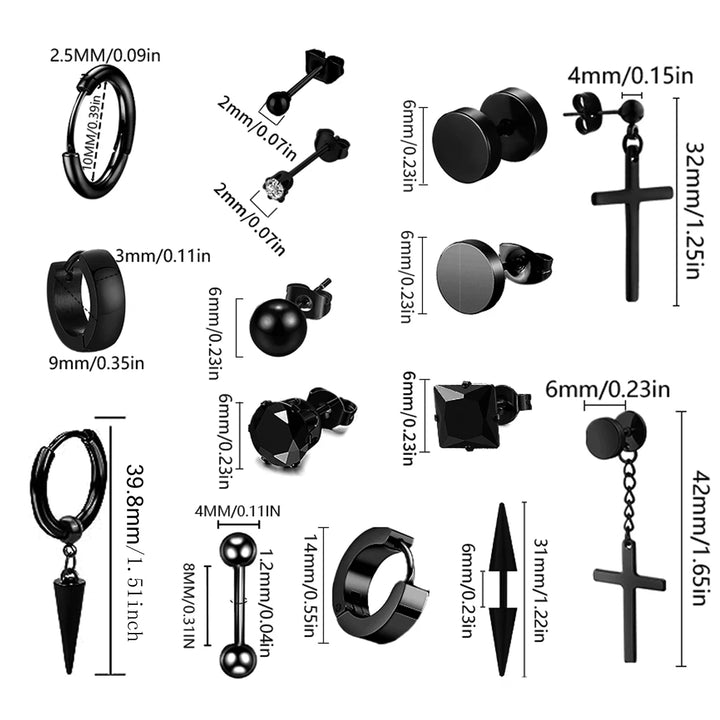 22 Pairs Stainless Steel Black Stud Earrings for Men - Cross Cone Pendant Hoop Earrings Set