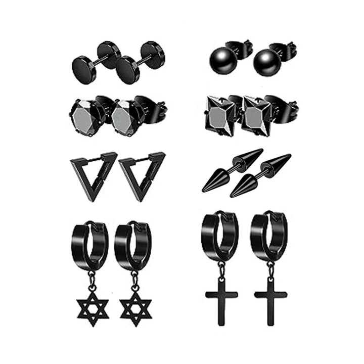 22 Pairs Stainless Steel Black Stud Earrings for Men - Cross Cone Pendant Hoop Earrings Set