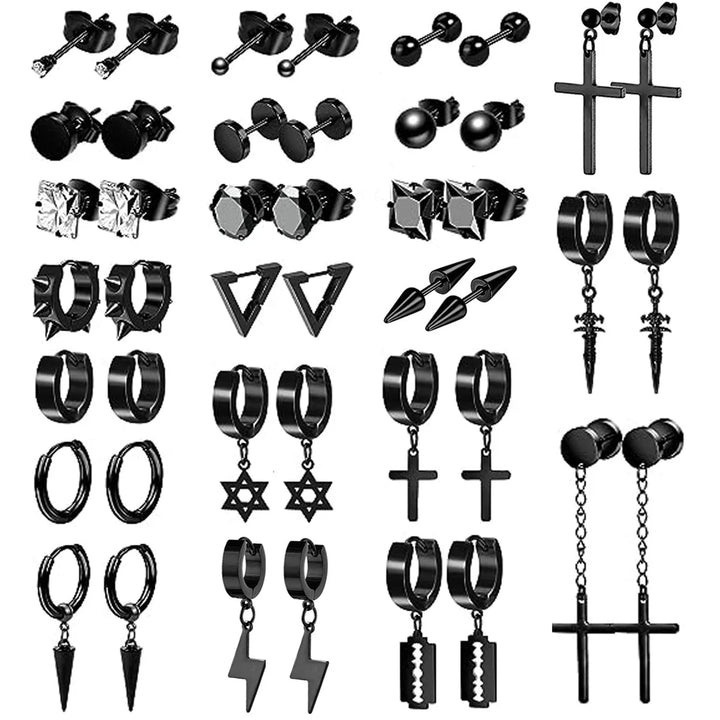 22 Pairs Stainless Steel Black Stud Earrings for Men - Cross Cone Pendant Hoop Earrings Set