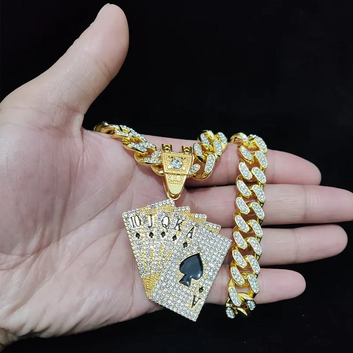 Hip Hop Playing Card Pendant Necklace with Crystal Cuban Chain