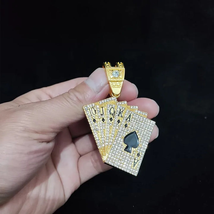 Hip Hop Playing Card Pendant Necklace with Crystal Cuban Chain